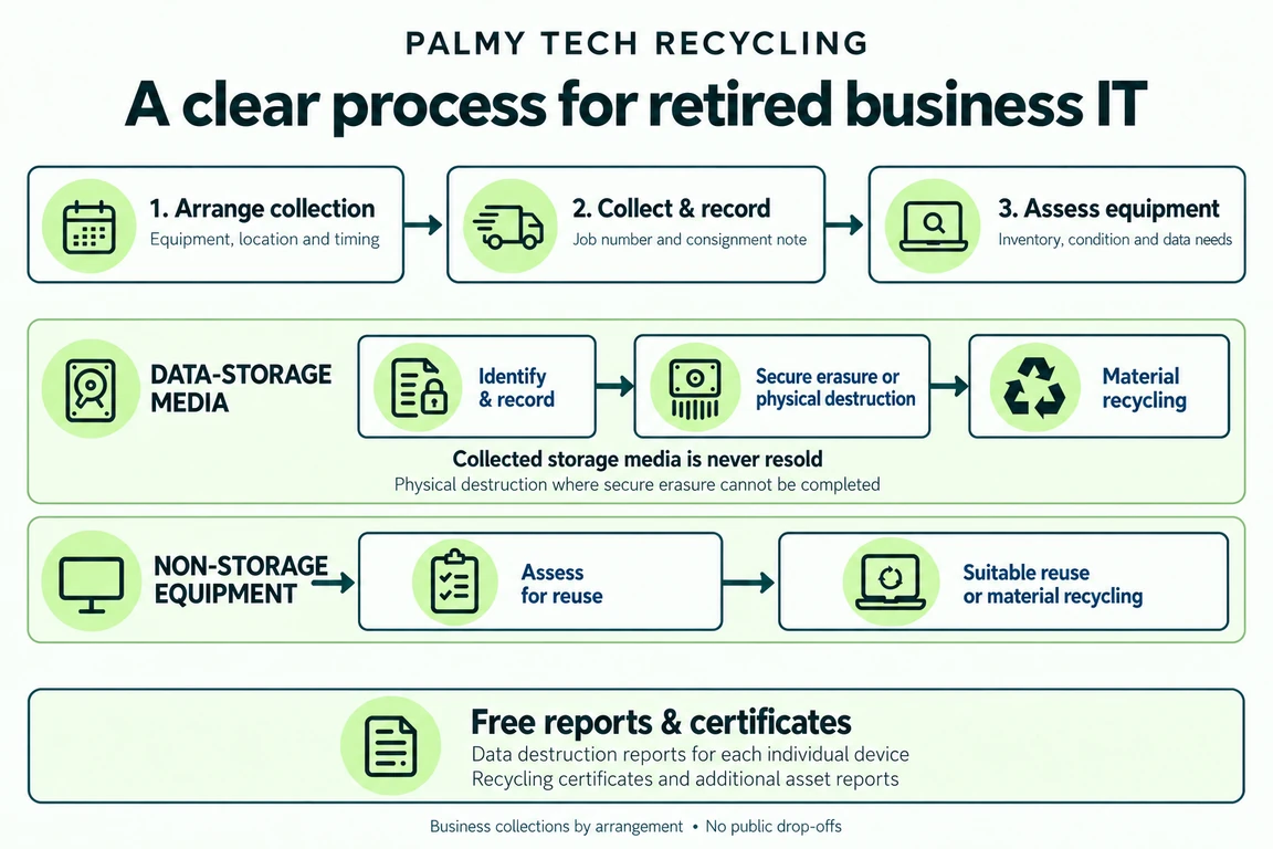 Arrange collection, collect and record, then assess equipment. Collected storage media undergoes Secure Data Erasure or physical destruction and is never resold. Suitable non-storage equipment may be reused or recycled. Free device reports, recycling certificates and asset reports document the work.